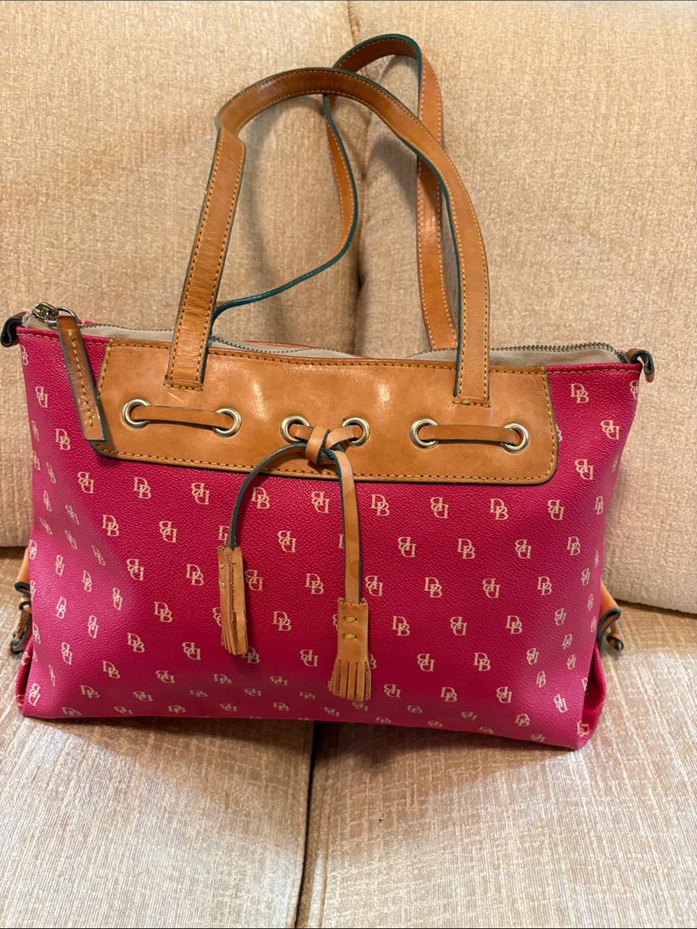 Dooney & Bourke Pink Canvas Tote with Tan Leather Trim